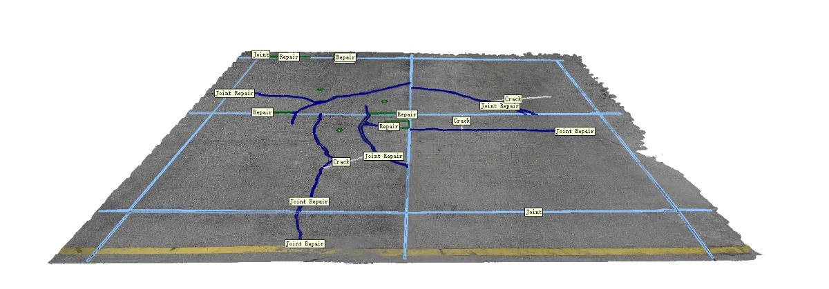 Apron slab with labelled cracks and joint repairs