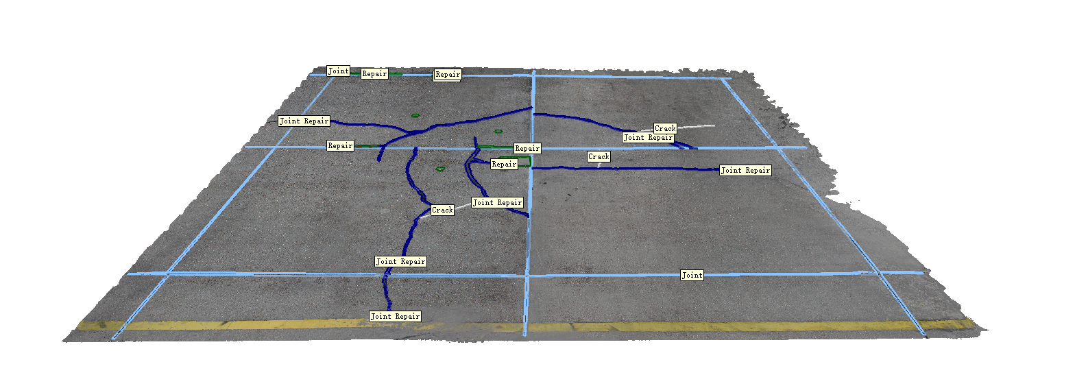 Airport Inspector AI output — pavement segment with crack, joint and repair labels