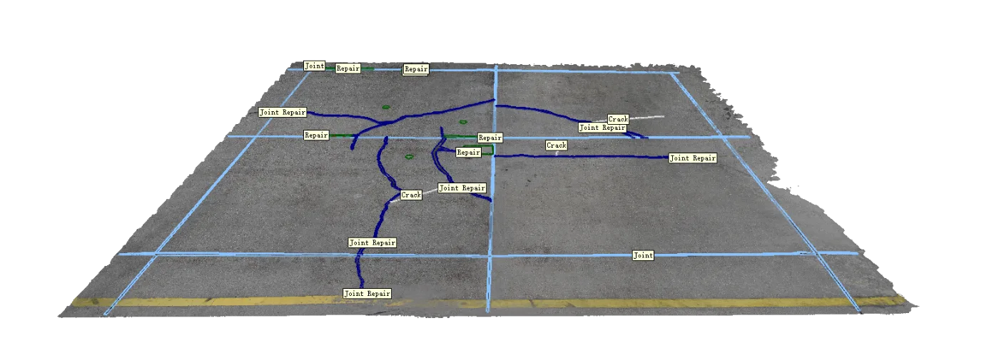 Airport Inspector AI output — pavement segment with crack, joint and repair labels