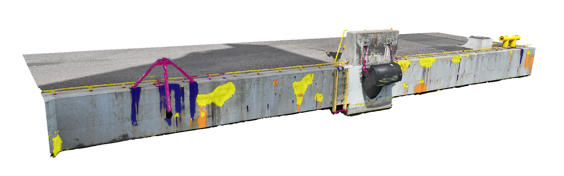 Infrascan AI output — 3D quay wall mesh with defect overlay