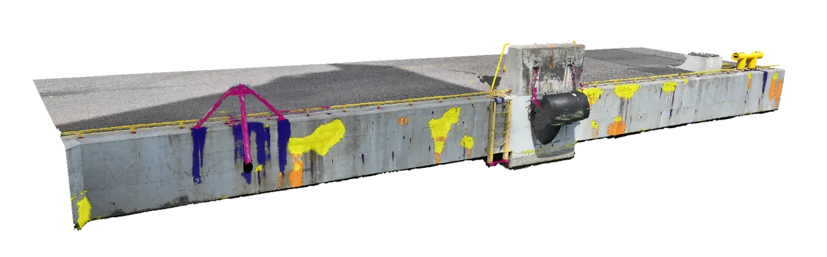 Infrascan AI output — 3D quay wall mesh with defect overlay
