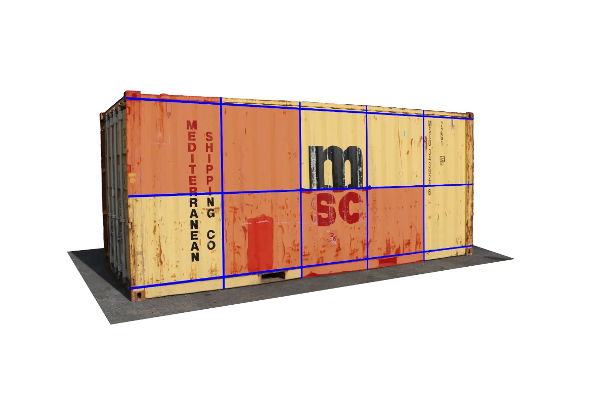 Scantainr AI output — container with damage detection overlay