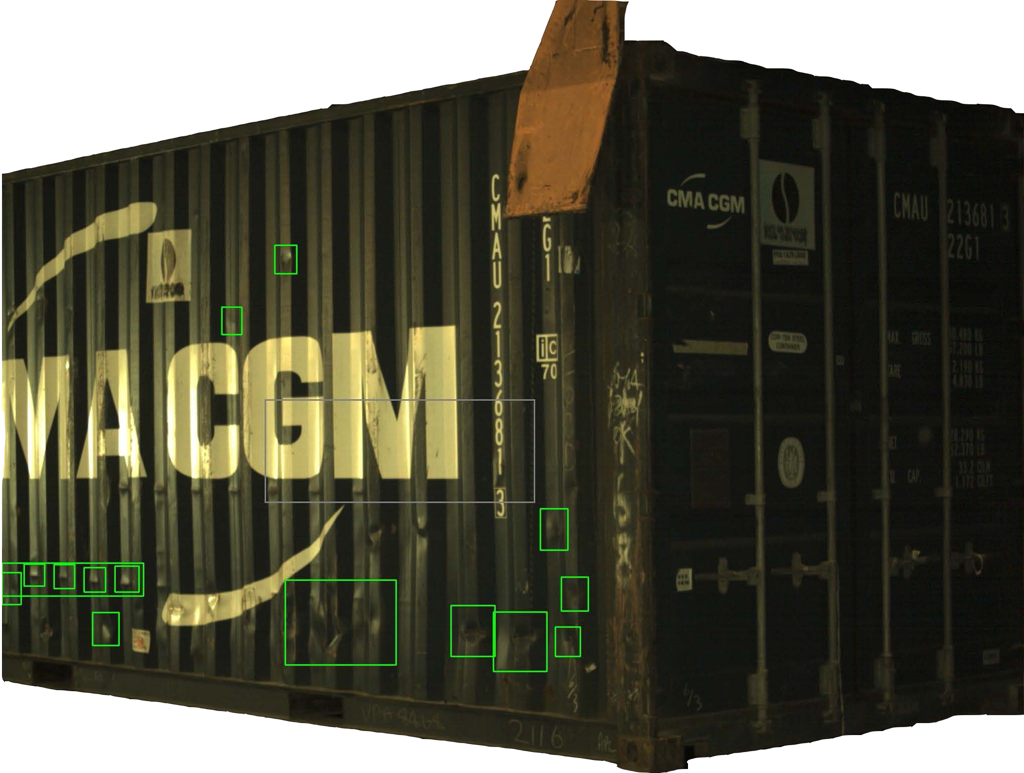 Container with AI damage detection bounding boxes