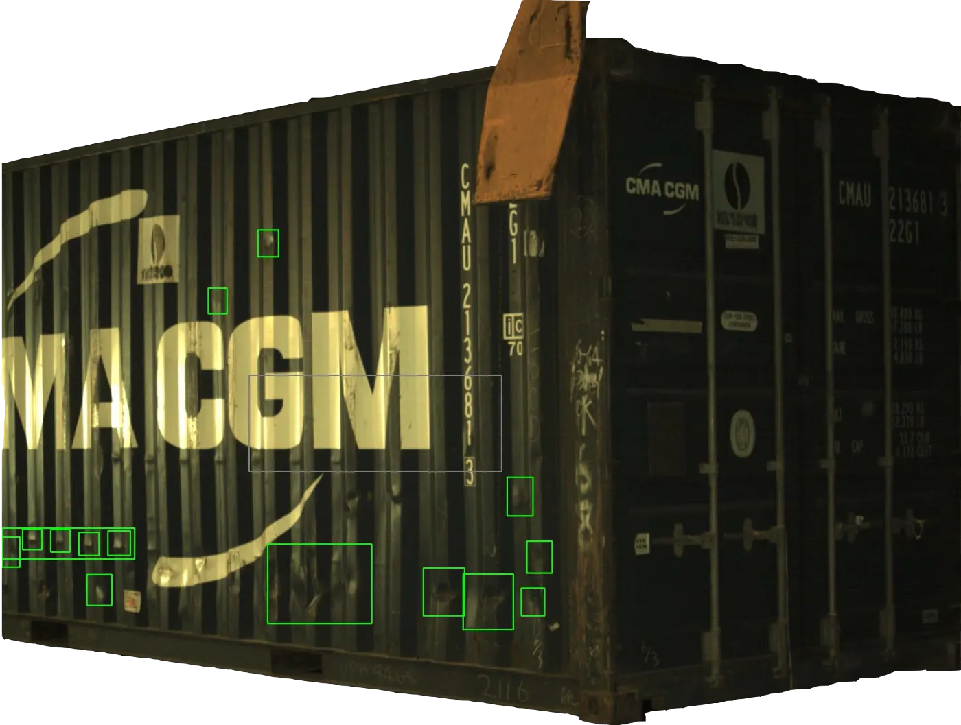 Container with AI damage detection bounding boxes
