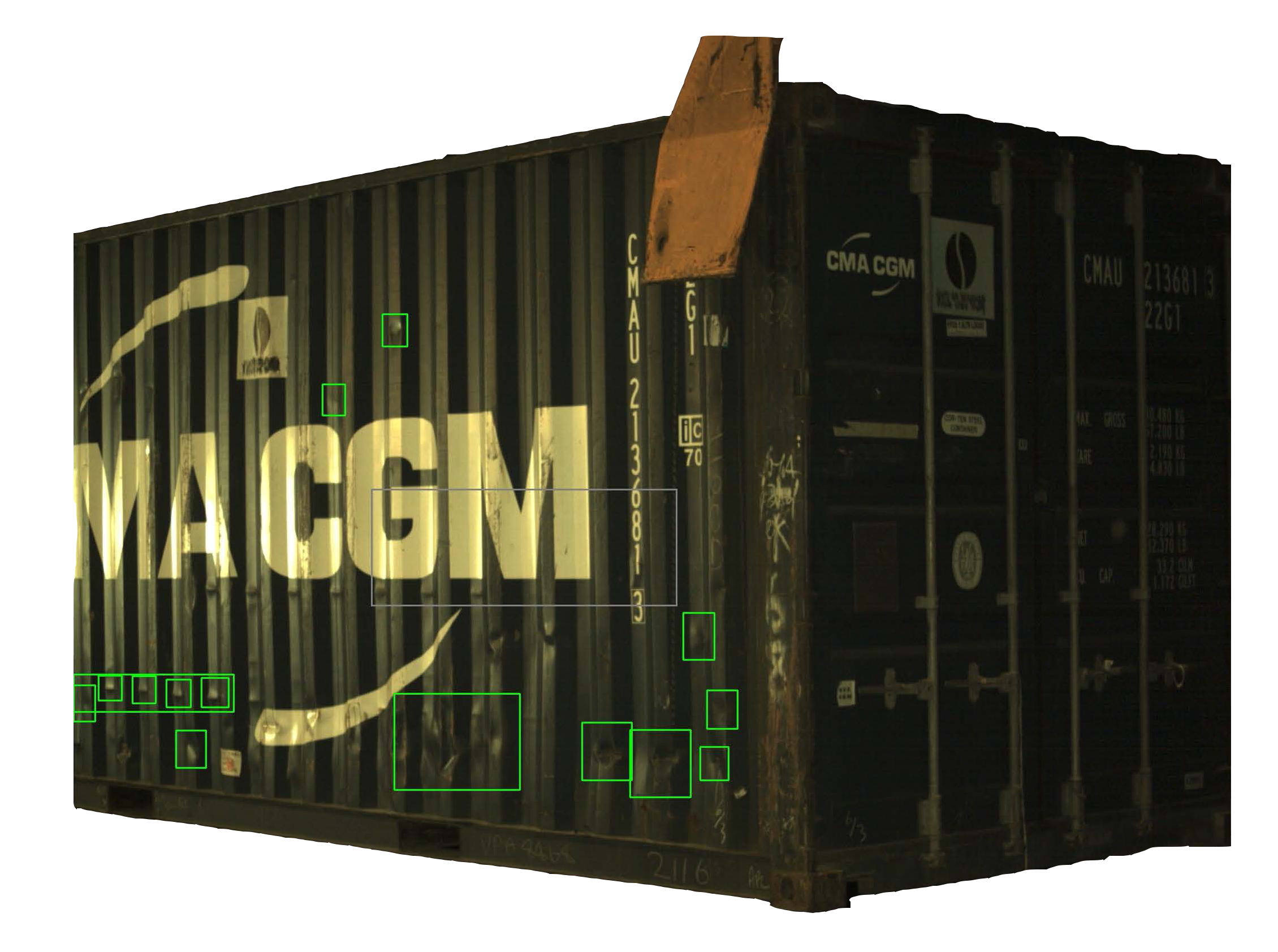Container with AI damage detection bounding boxes