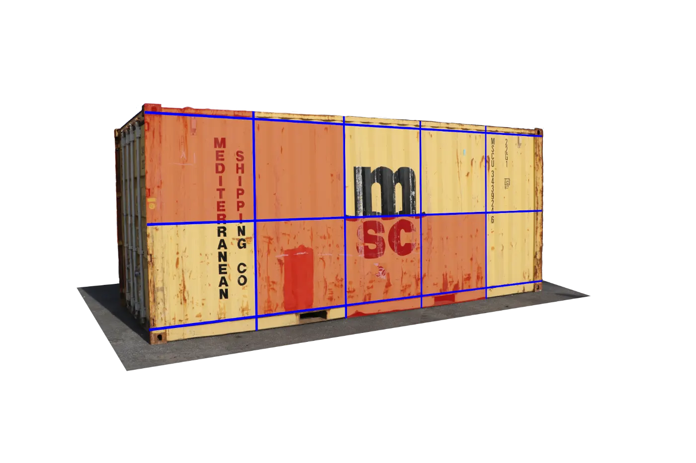 Shipping container with AI inspection grid overlay