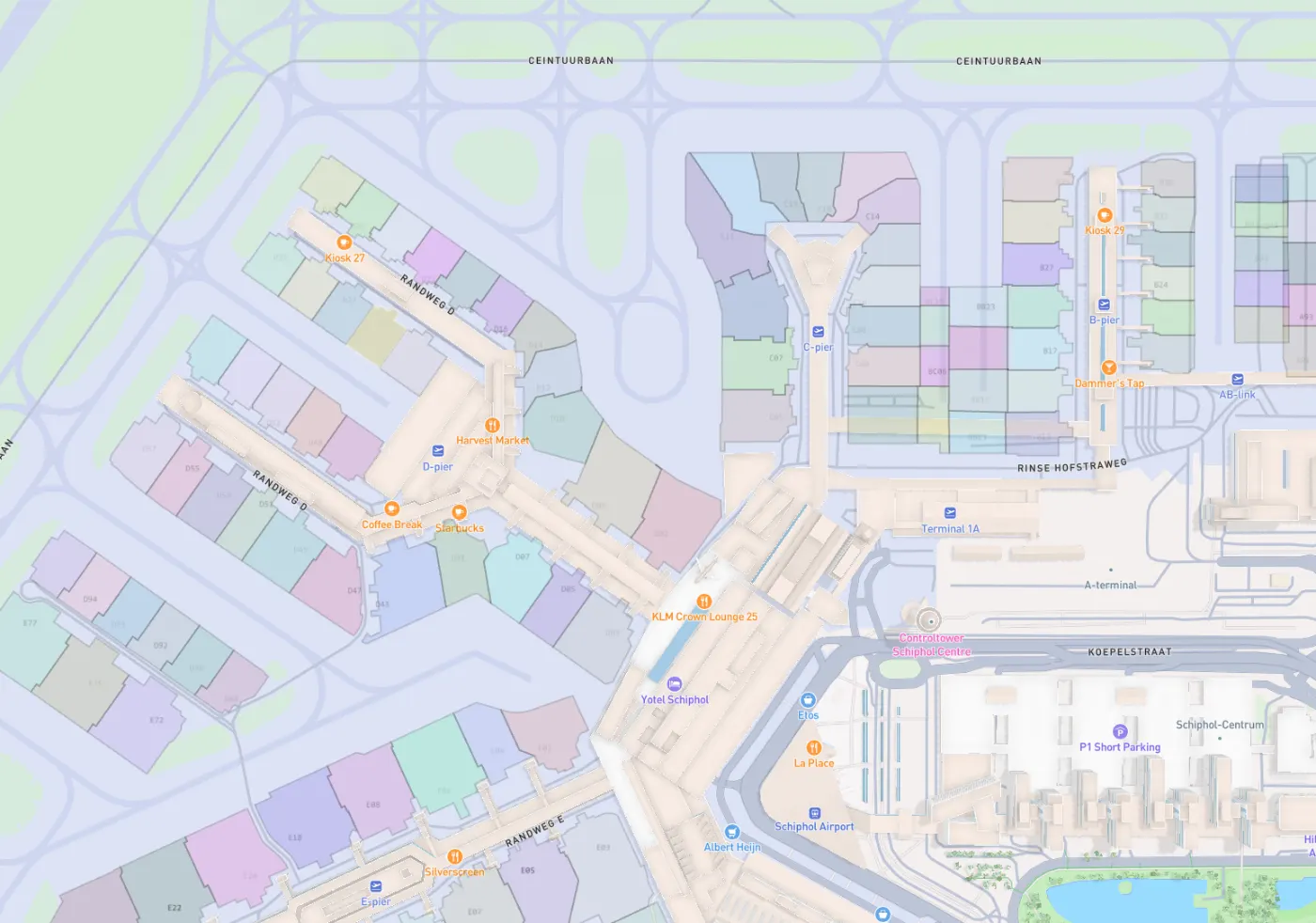 Aerial spectral map of Schiphol airport terminals and piers